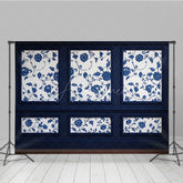 Aperturee Aperturee Elegant Navy Blue Wall Photography Backdrop Chinoiserie Style with Floral Panels Fine Art Studio Photo Prop